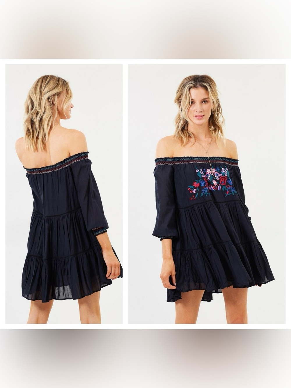 Free People Navy Off-Shoulder Embroidered Mini Dress Size Small